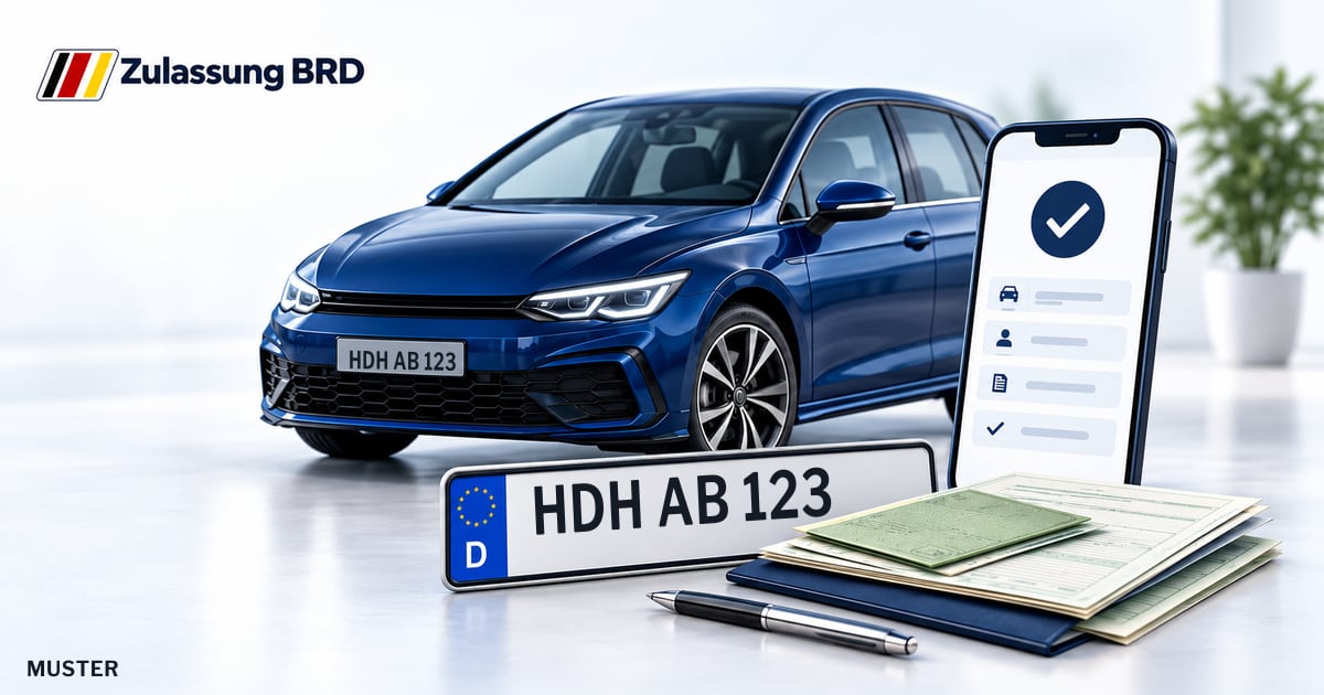 Online Fahrzeugzulassung in Landkreis Heidenheim: Musterkennzeichen HDH AB 123, Auto und Fahrzeugpapiere und Smartphone. Illustration mit Logo von Zulassung BRD.